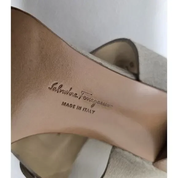 Salvatore Ferragamo Slides Sandals Women 8 B T-Strap Shoes Putty Leather - Picture 9 of 10